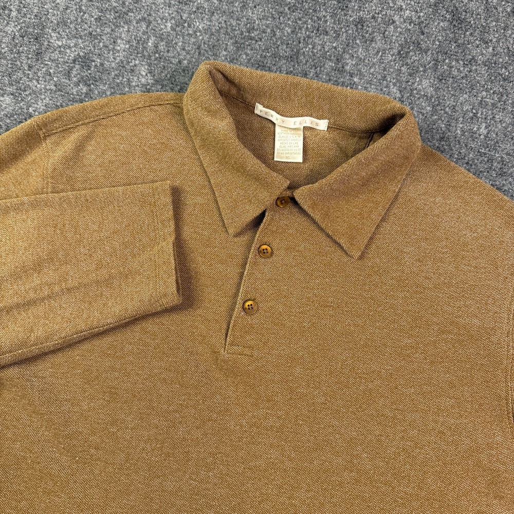 Perry Ellis Mens Polo Shirt XL Brown Long Sleeve 100% Cotton USA Made Classic